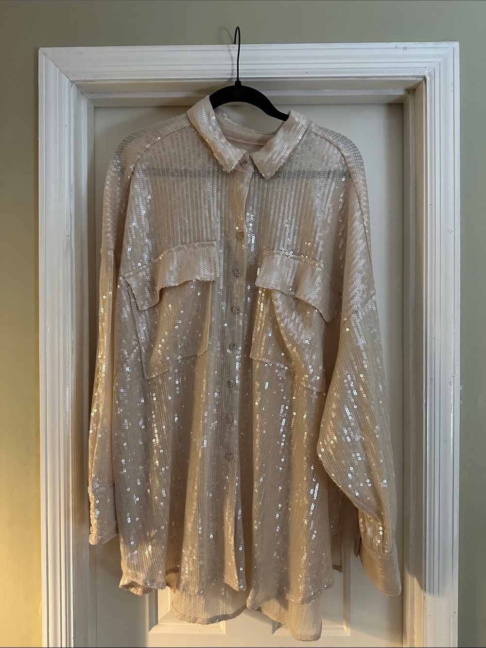 Sequined Cream Button-Up Shirt